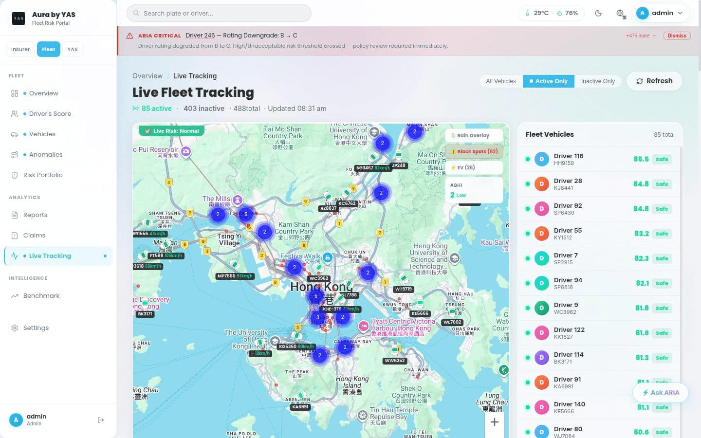Live machine tracking dashboard with active vehicles, route status, and fleet risk indicators.