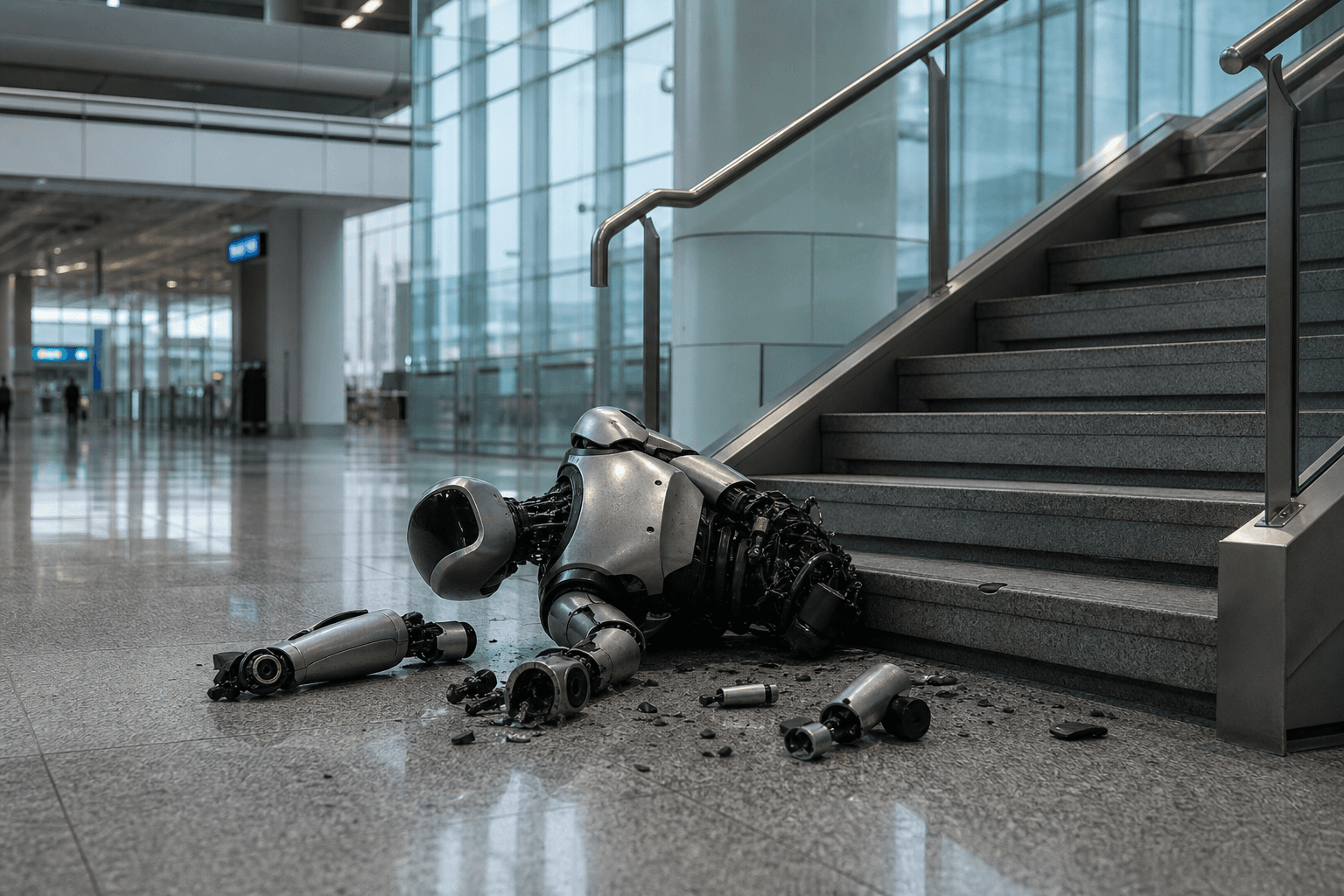 Damaged humanoid patrol robot at the foot of an airport staircase with a detached arm nearby