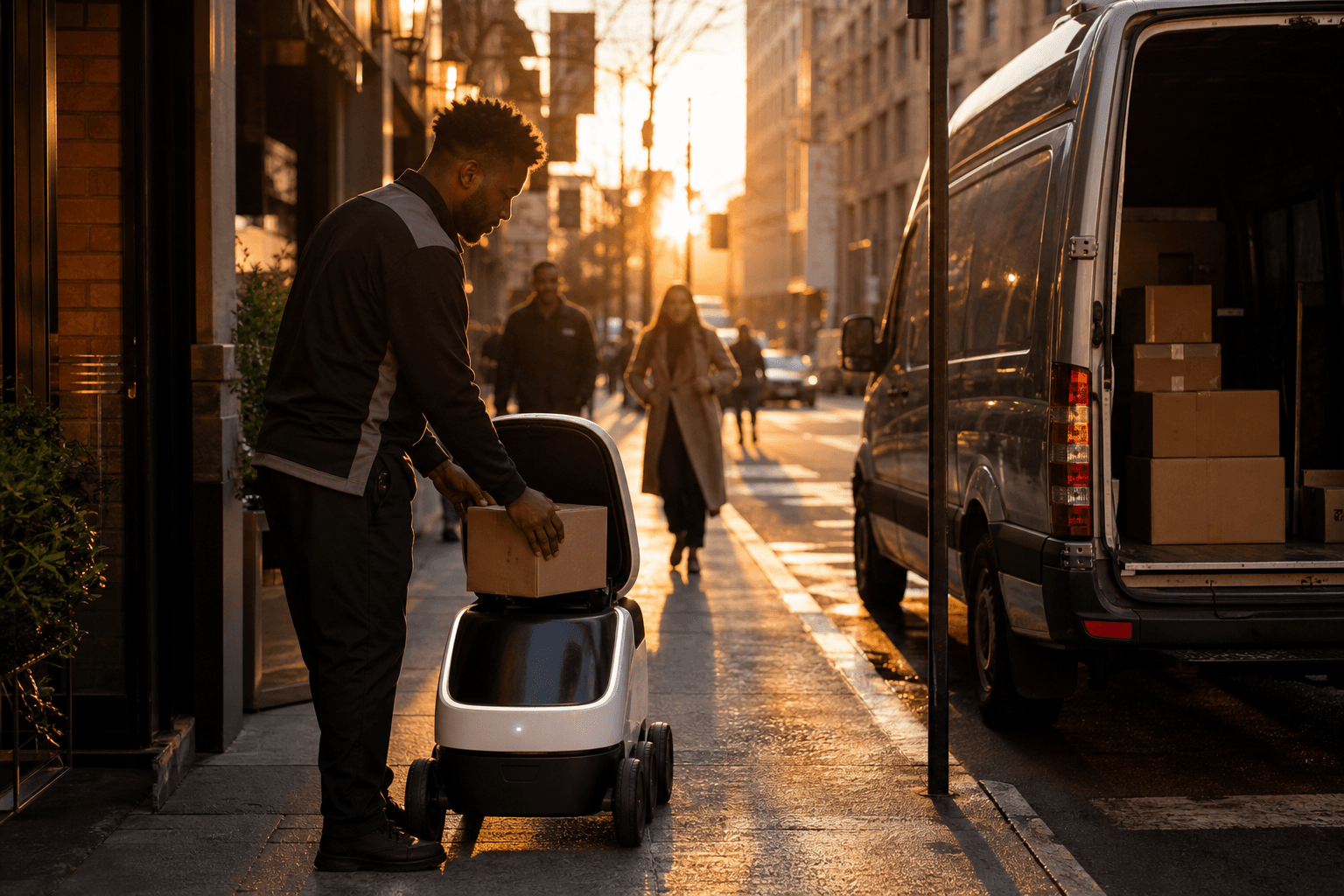 Delivery worker loading a small robot on a golden-hour city curb