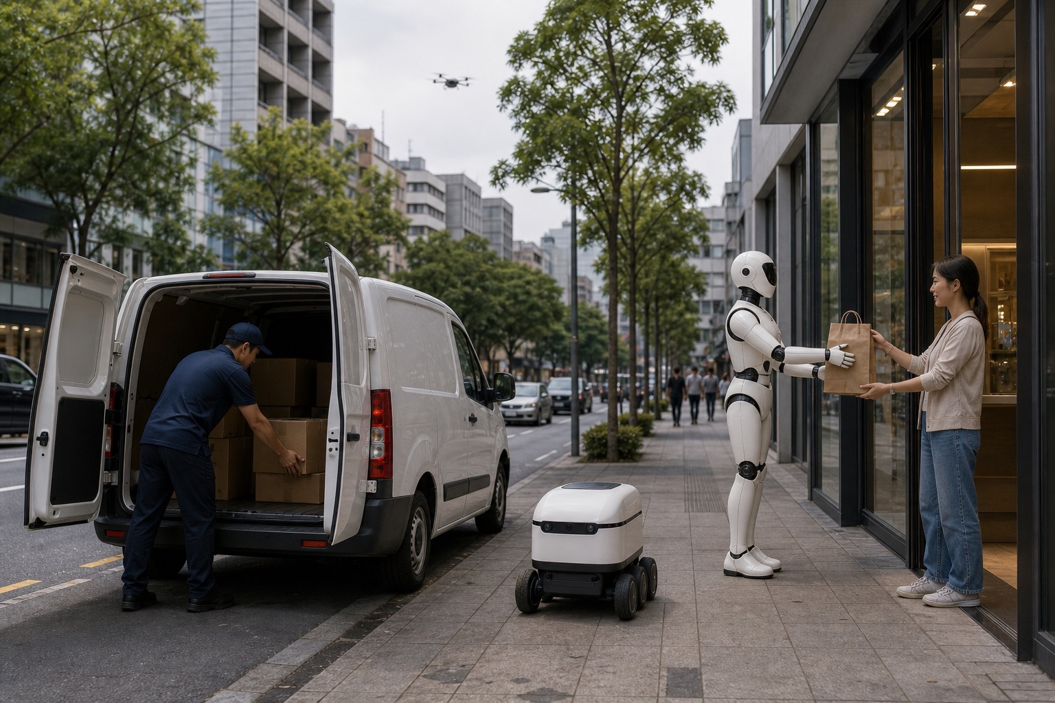 Electric van, delivery robot, and service humanoid on one city street — each machine carrying a live risk score.